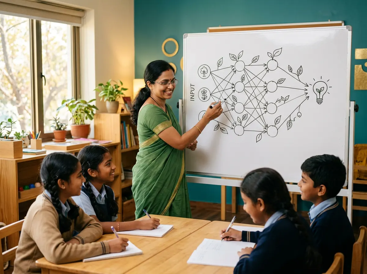 Teacher explaining a neural network sketch with leaf motifs on a whiteboard in an AI literacy workshop in Kadapa