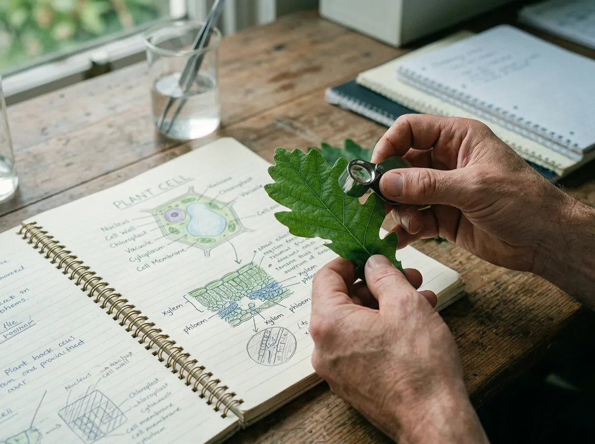 Hands examining a leaf specimen beside a botany notebook during Botany and Biotechnology coaching in Kadapa