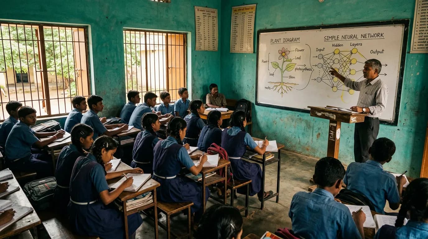 Faculty member presenting a plant diagram and neural network sketch to students at a public talk in Kadapa