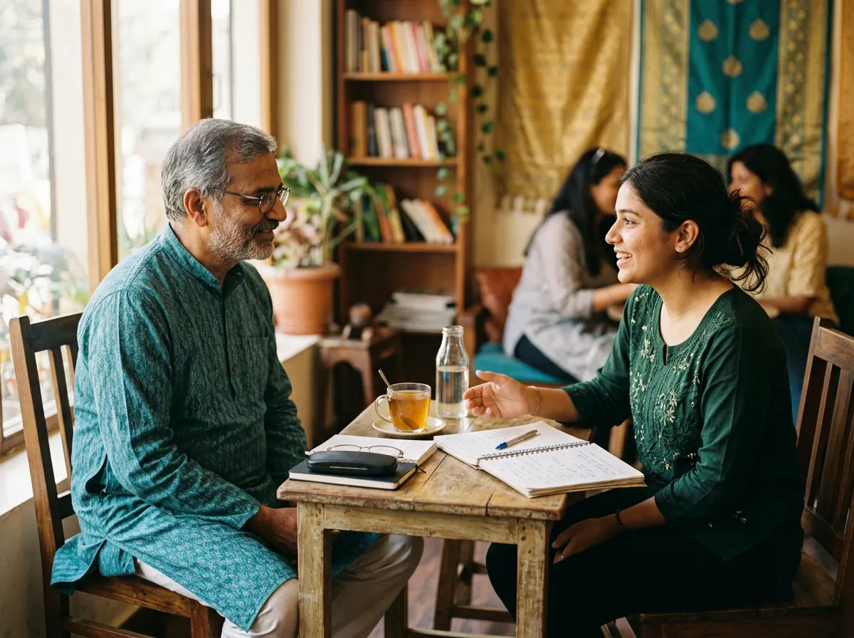 Mentor and student in a one-on-one health and life coaching consultation with herbal tea in Kadapa
