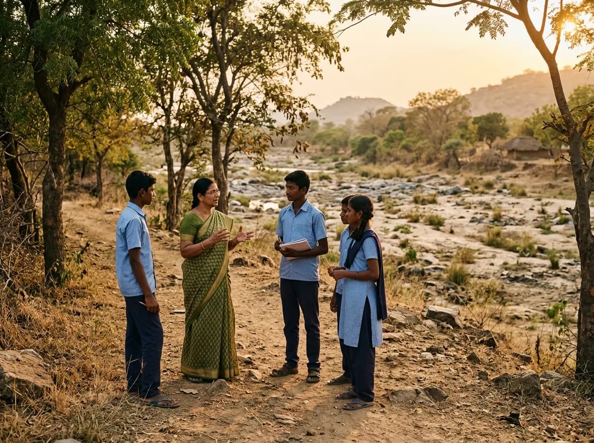 Students and a teacher discussing environmental conservation outdoors near Kadapa, Andhra Pradesh