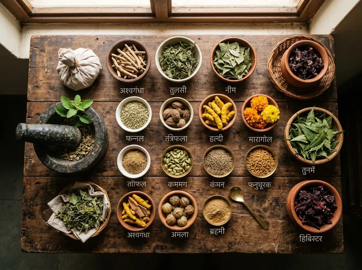 Dried herbs and a mortar and pestle used in herbal medicine classes in Kadapa