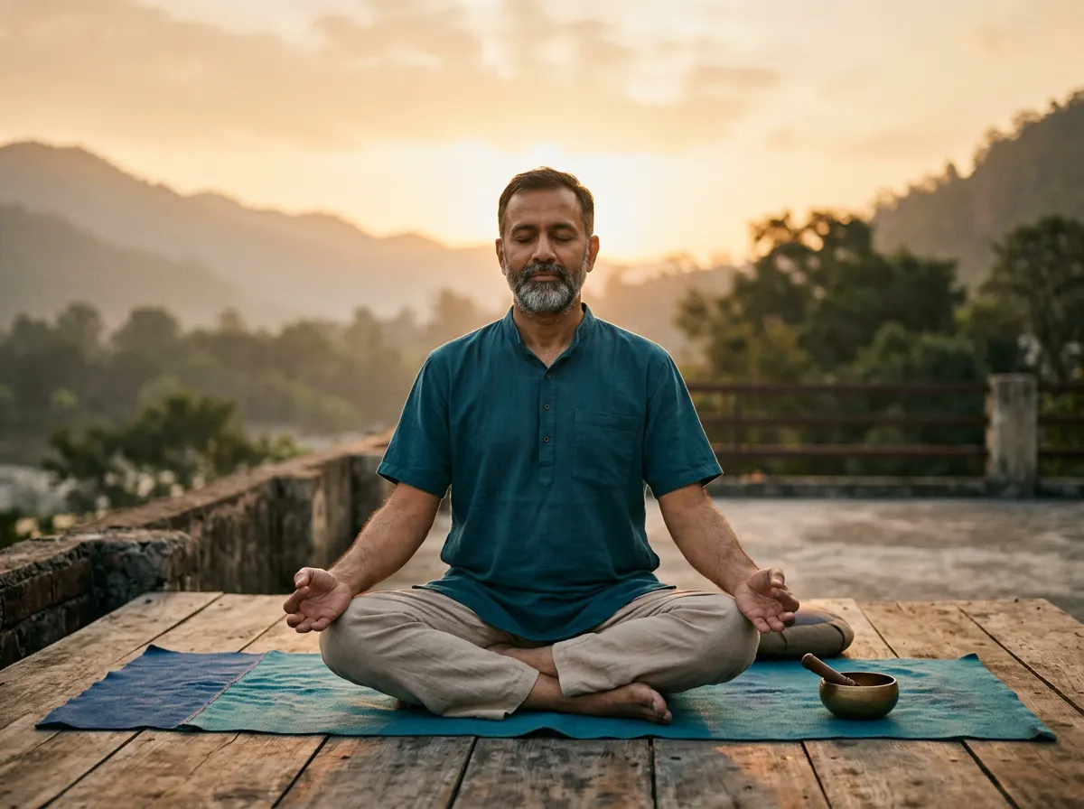 Man practising seated yoga on a terrace at sunrise during a yoga and life coaching session in Kadapa